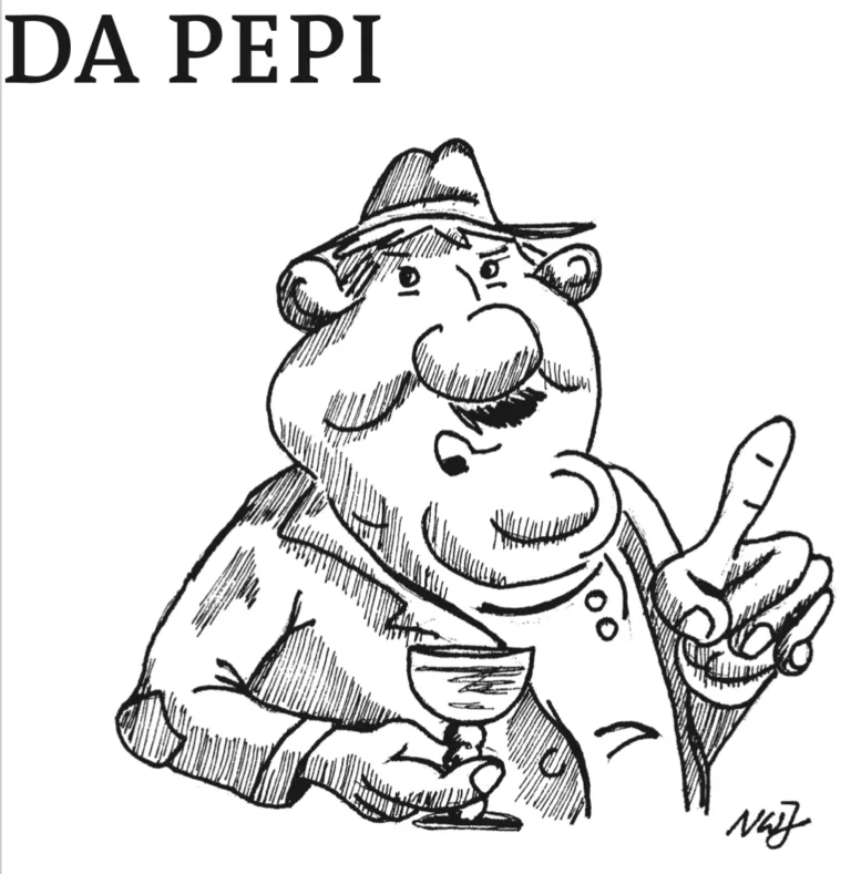 A cartoon drawing of a man wearing a hat and holding a wine glass, with the text 'DA PEPI' above him.