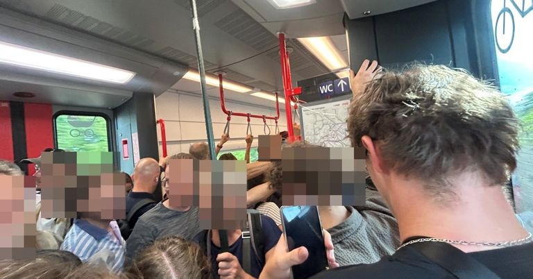 A crowded train with passengers holding onto poles and standing. A person in the foreground is holding a phone.