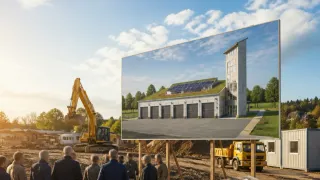 A large billboard displays a modern eco-friendly house with solar panels on its roof and a green roof. Several people are standing around it, and construction equipment is visible in the background.