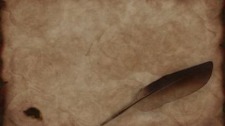 An aged parchment with a single feather resting on it, suggesting a historical or literary context.