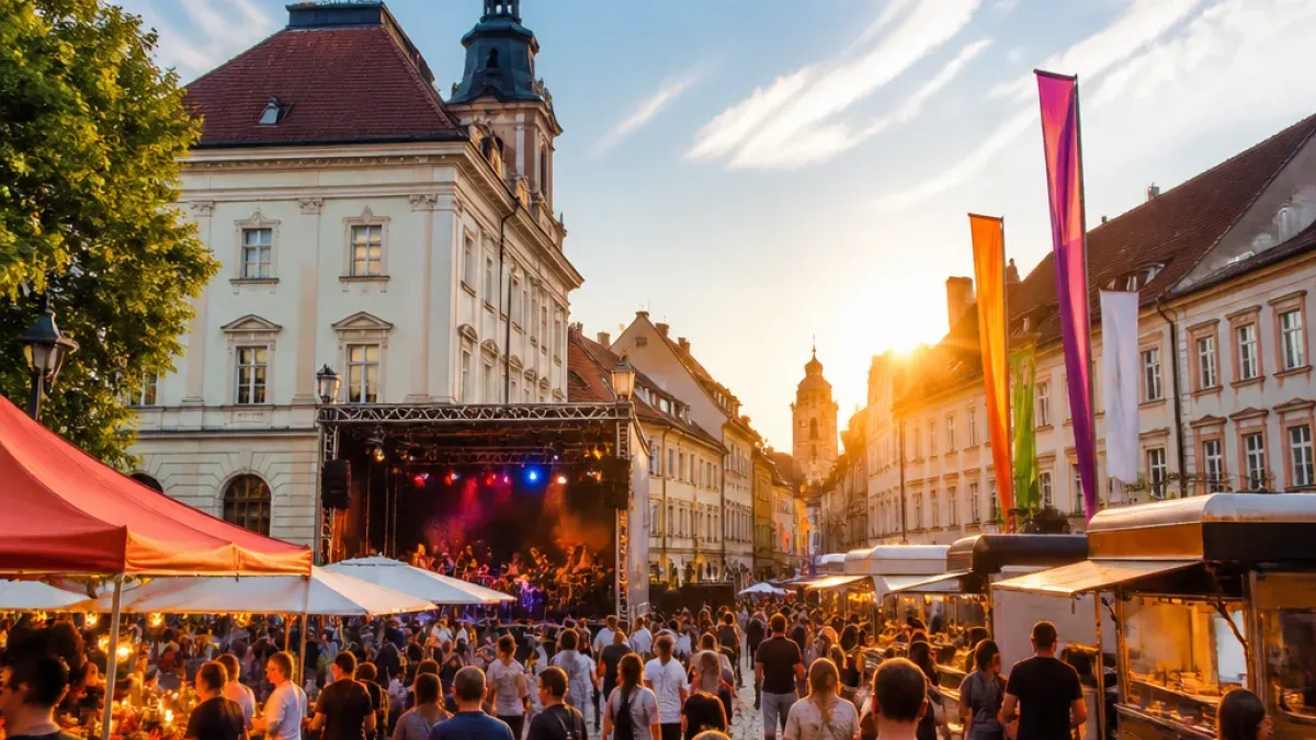 A vibrant street scene with a live band performing on a stage in the middle of a bustling city square, surrounded by people and street vendors under a setting sun.