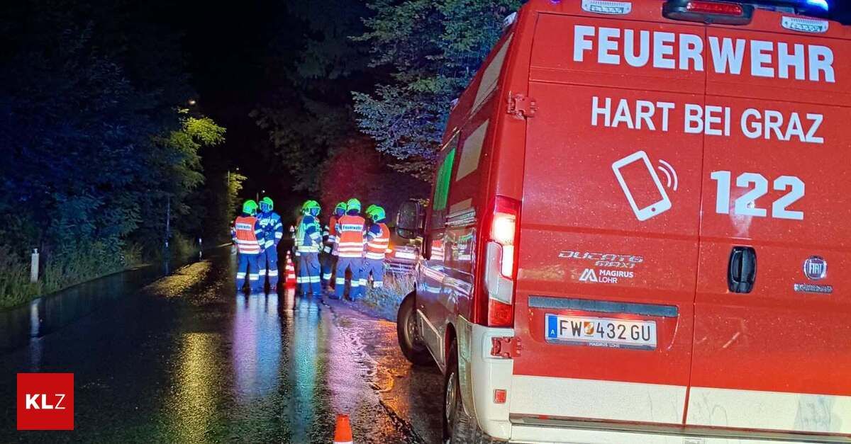 A group of firefighters in reflective vests stand in the rain near a red emergency vehicle with the word 'FEUER' on it.