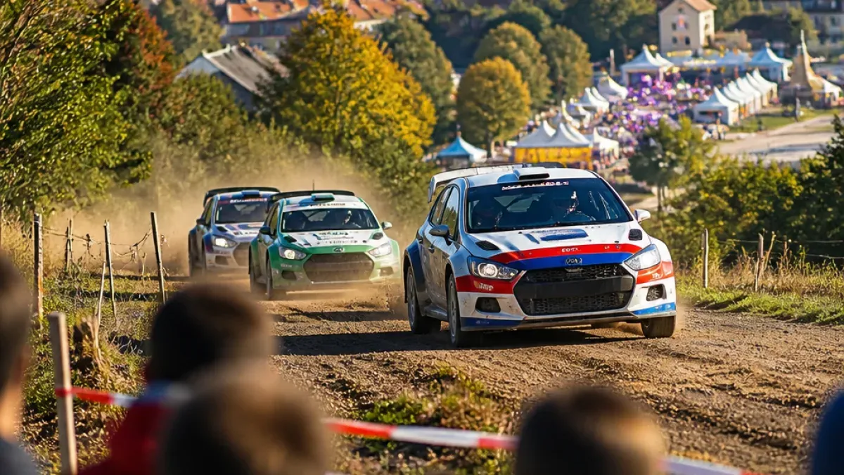 Three rally cars compete on a dirt track, with spectators watching from the sidelines. The lead car has a white and red color scheme.