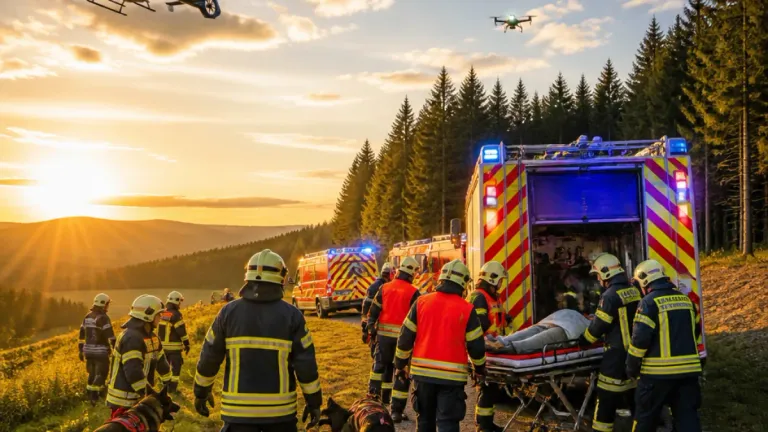 Rettungskräfte in gelben und roten Uniformen kümmern sich um einen Patienten auf einer Trage. Ein Drohnen fliegt über ihnen, und ein Rettungsfahrzeug ist in der Nähe geparkt. Die Szene spielt sich in einem bewaldeten Gebiet mit einem Sonnenuntergang im Hintergrund ab.