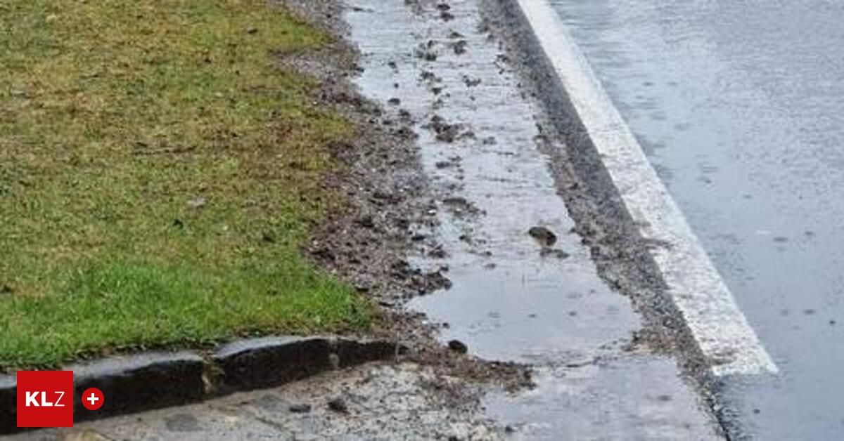 Eine Straße mit einem Bordstein und einer kleinen Pfütze auf der Seite. Das Gras ist grün und die Straße ist nass.