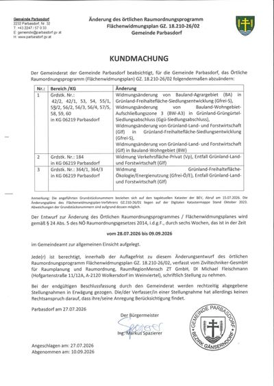 Ein Dokument, das Änderungen im örtlichen Flächenwidmungsplan für die Gemeinde Parbasdorf, Deutschland, detailliert beschreibt. Es listet spezifische Grundstücksnummern und betroffene Bereiche auf, einschließlich Änderungen in der Landnutzung, wie Baugebiete, Freiflächen und Verkehrsflächen. Das Dokument ist auf den 28. Juli 2026 datiert und für die öffentliche Einsicht gedacht.