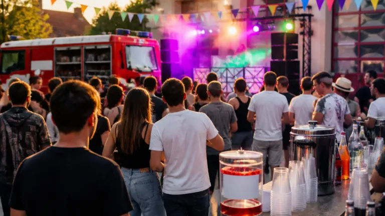 Eine Menschenmenge versammelt sich bei einer Veranstaltung im Freien mit einem Feuerwehrwagen und einer Bühne im Hintergrund. Die Bühne hat bunte Lichter und eine Lautsprecher-Aufstellung.