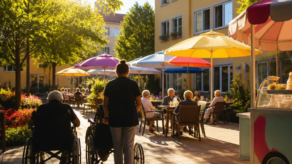 Eine Gruppe älterer Menschen sitzt draußen in einem Restaurant. Das Restaurant hat ein gelbes Gebäude mit vielen Fenstern. Die Tische sind mit bunten Sonnenschirmen bedeckt.