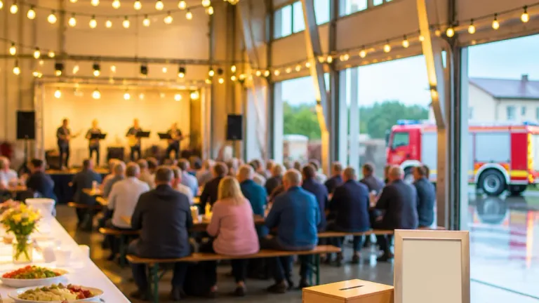 Eine große Indoor-Veranstaltung mit Menschen an Tischen, eine Band spielt im Hintergrund, und ein Feuerwehrauto ist durch die Fenster sichtbar.