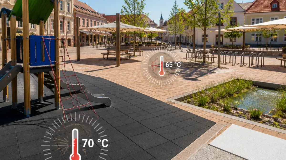 Spielplatz im Freien mit einer Rutsche und einem Temperaturanzeiger, der 70 Grad Celsius anzeigt. Der Bereich ist von Gebäuden, Bänken und Bäumen umgeben. Ein weiterer Temperaturanzeiger zeigt 65 Grad Celsius an.