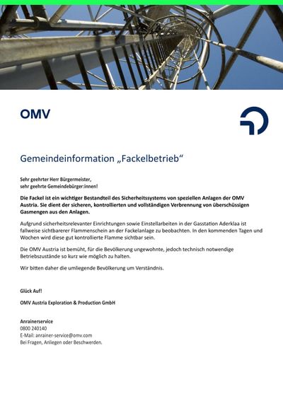 Ein Dokument von OMV Austria mit dem Titel 'Gemeindeinformation, Fackelbetrieb' erläutert die Bedeutung des Fackelsystems für die sichere, kontrollierte und vollständige Verbrennung von überschüssigen Gasmengen aus Anlagen. Es erwähnt sichtbare Flammenerscheinungen aufgrund von Sicherheitsinstallationen und fordert das Verständnis der Öffentlichkeit.