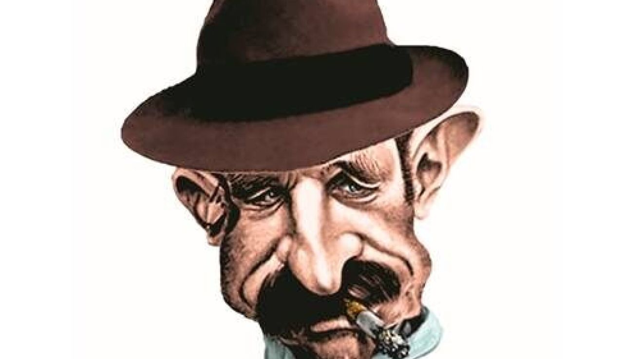 Eine Karikatur eines alten Mannes mit einem braunen Hut, einem Schnurrbart und einer Zigarette im Mund. Er hat einen ernsten Ausdruck.