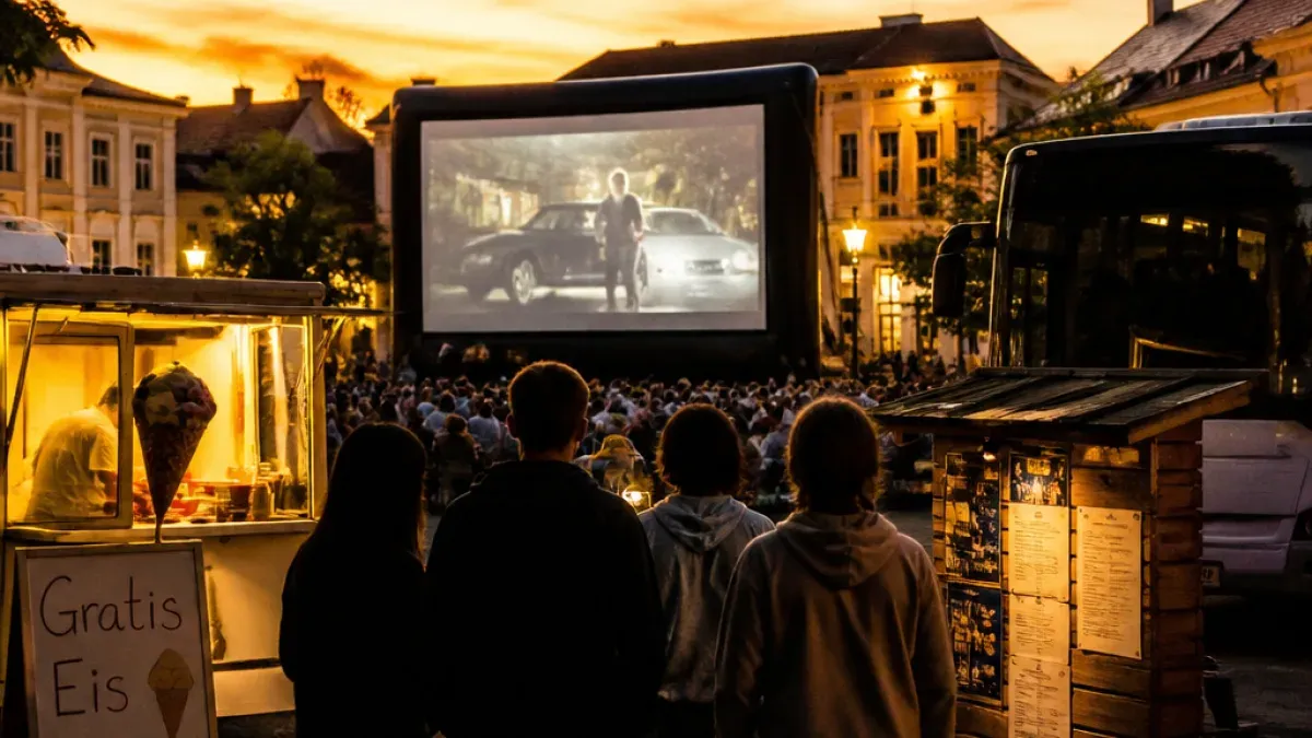 Eine große Menschenmenge versammelt sich im Freien, um einen Film auf einer großen aufblasbaren Leinwand zu sehen. Die Leinwand zeigt eine Autoszene mit einem Mann, der vor zwei Autos steht.