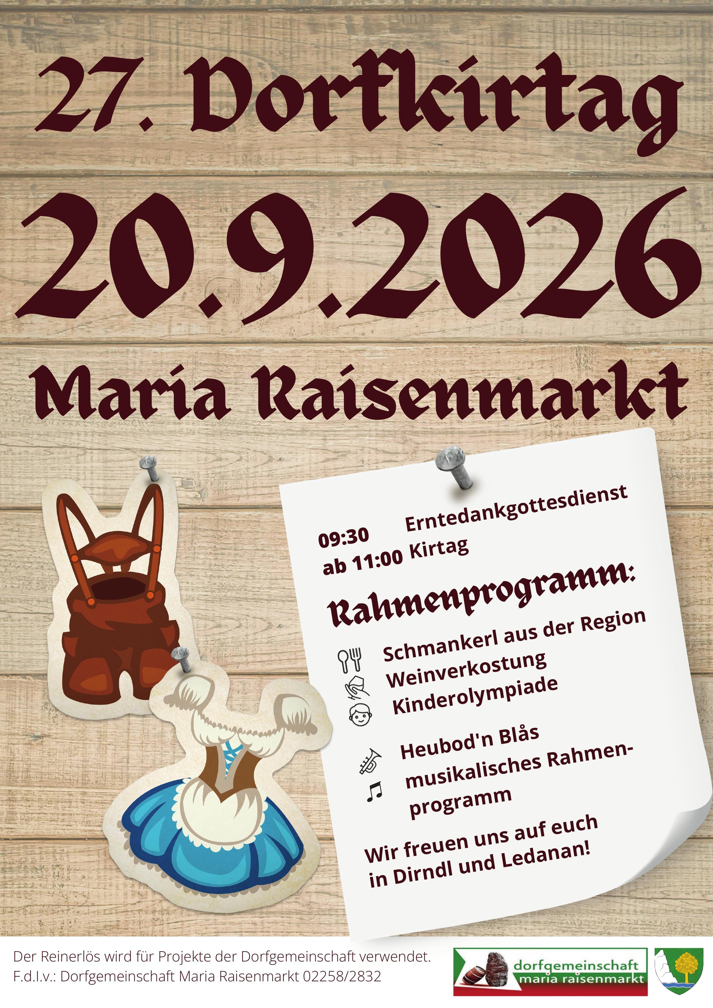 Dorfkirchtag Maria Raisenmarkt am 20.09.2026 mit Programmübersicht