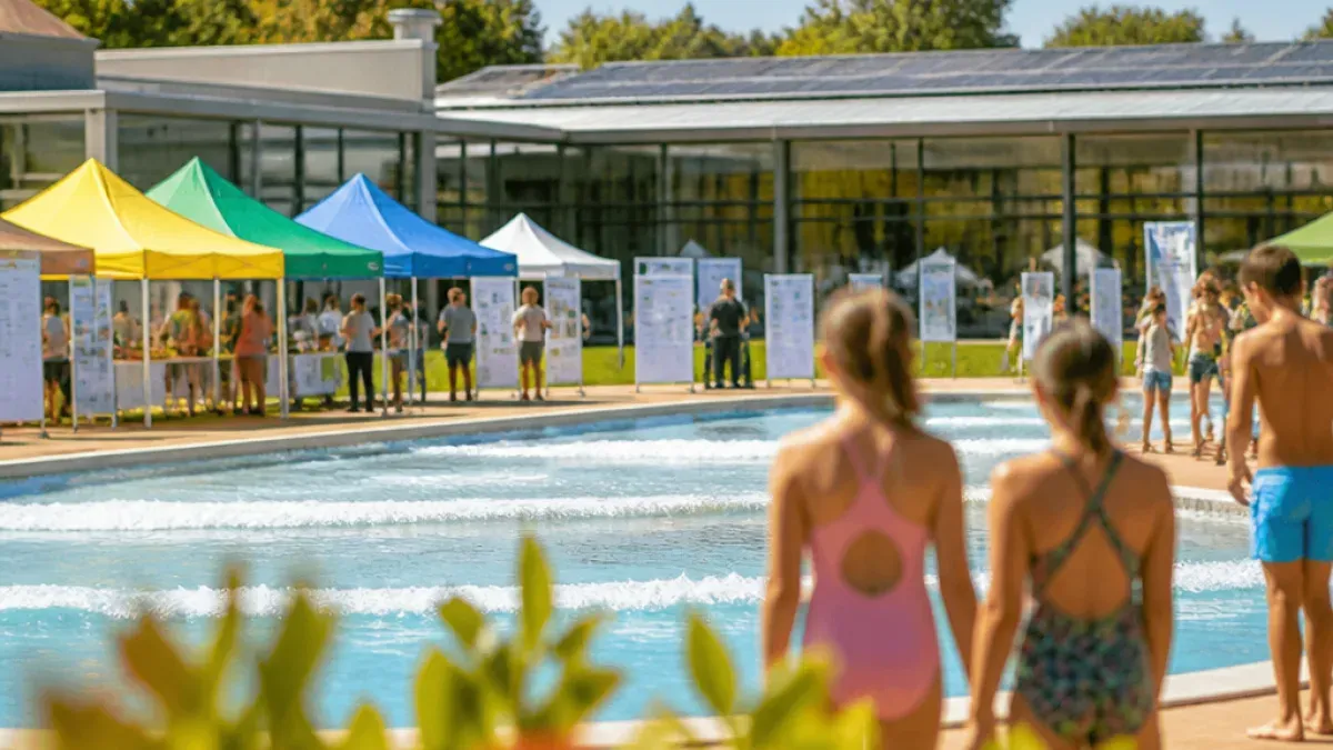 Zwei Mädchen in Badeanzügen stehen am Pool mit Solarpanelen auf dem Dach des Gebäudes. Mehrere Menschen sind unter Zelten auf dem Rasen versammelt.