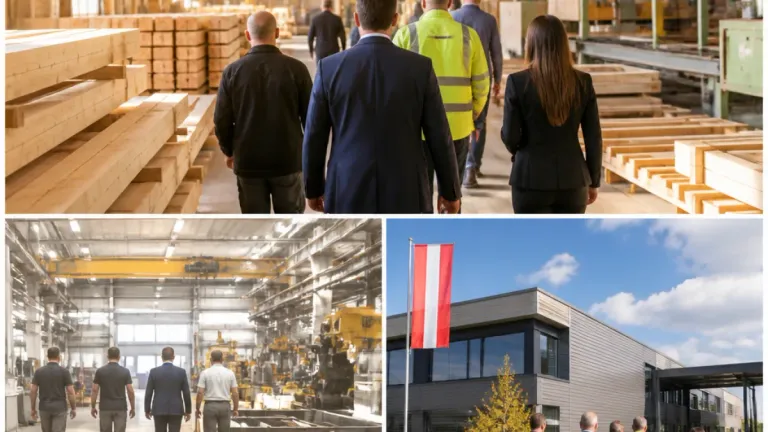 A collage of three images showing a factory, a flag, and a building. The first image shows workers in a factory with machinery. The second image is a flag of Austria. The third image shows a modern building.