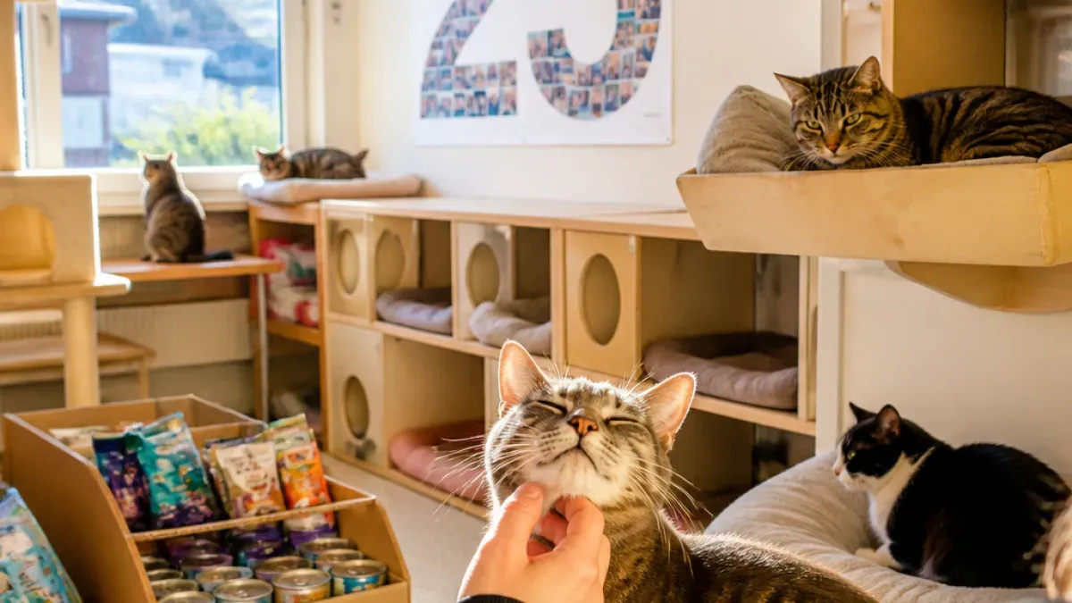 Eine Person streichelt eine Katze in einem Raum mit einem Regal voller Katzenbetten und einem Fenster mit Blick auf das Freie.