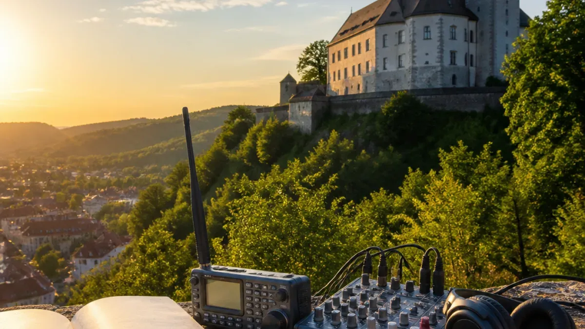 Ein Funkgerät mit einer langen Antenne ist auf einem Hügel aufgestellt, mit einer Burg im Hintergrund, unter einem klaren Himmel.