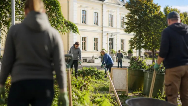 Eine Gruppe von Menschen pflegt einen Garten vor einem großen Gebäude mit vielen Fenstern. Sie tragen Handschuhe und halten Werkzeuge. Es gibt Pflanzen in Töpfen und ein Holzschild in der Nähe.