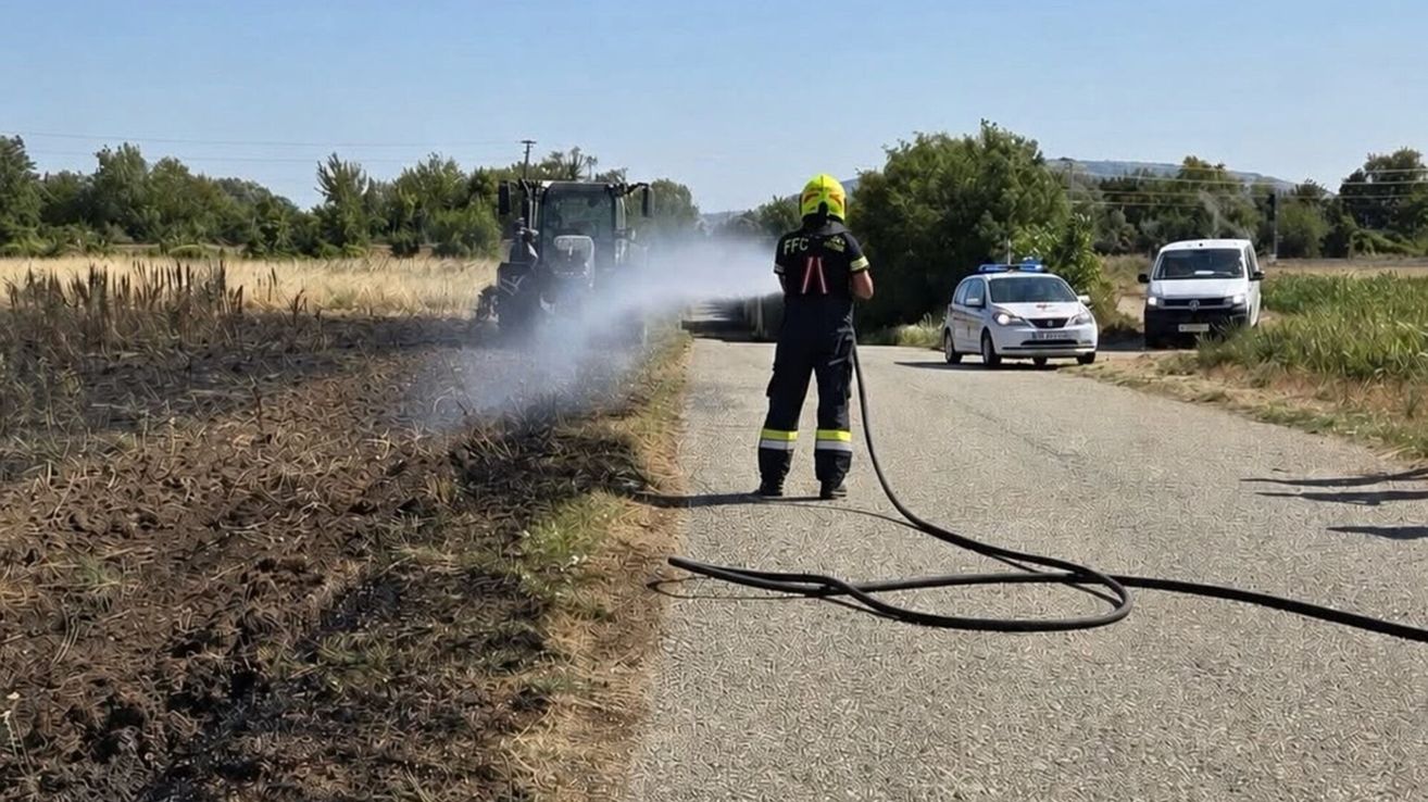 Ein Feuerwehrmann in einem gelben Helm sprüht Wasser aus einem Schlauch auf ein Feld. Ein Traktor ist in der Nähe und ein Polizeiauto ist am Straßenrand geparkt.