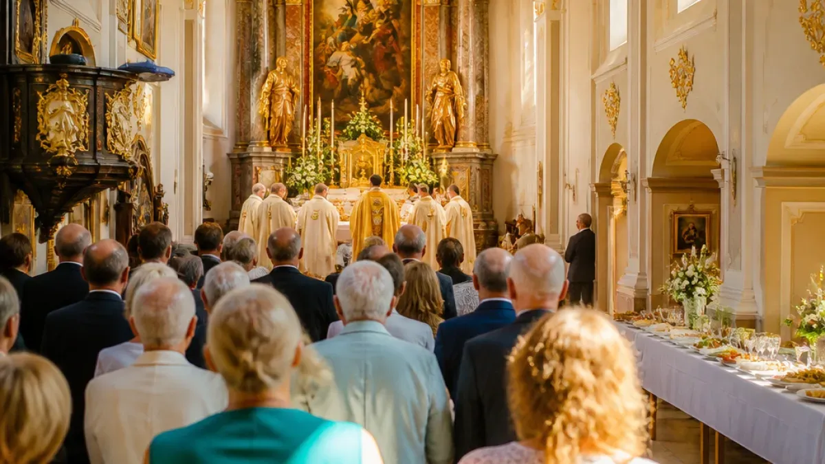Eine Gruppe von Menschen versammelt sich in einer Kirche und beobachtet einen Priester am Altar. Der Altar ist mit Kerzen und Blumen geschmückt.