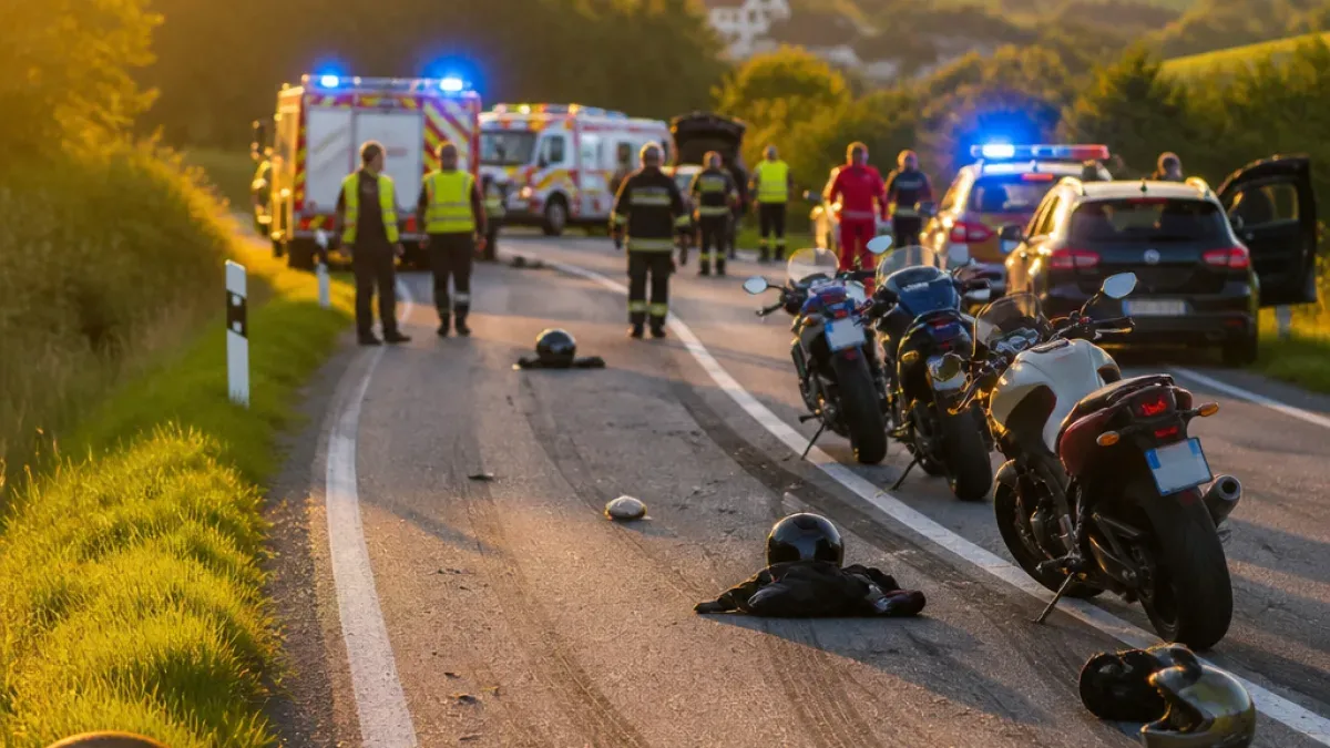Emergency vehicles are parked on the side of a road, with responders attending to a motorcycle accident. Helmets and jackets are scattered on the road.