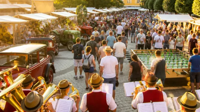 Eine geschäftige Straße voller Menschen, einige spielen Instrumente, andere gehen, und Traktoren im Hintergrund geparkt. Die Atmosphäre ist lebhaft mit vielen Menschen und Ständen.