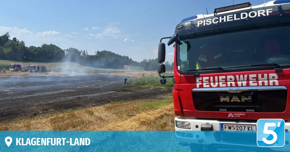 Ein roter Feuerwehrwagen mit der Aufschrift 'PISCHERE' steht auf einem Grasfeld, mit einer Person im Inneren. Im Hintergrund lodert ein Feuer mit aufsteigendem Rauch, und mehrere Personen stehen in der Nähe.