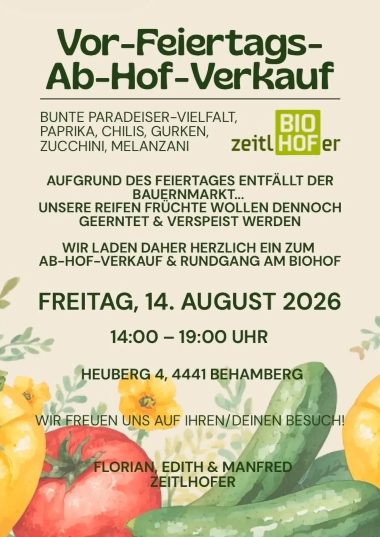 Plakat für einen Bauernmarkt am 14. August 2026, mit einer Vielfalt an Obst und Gemüse. Die Veranstaltung findet von 14:00 bis 19:00 Uhr auf Heuberg 4, 4441 Behamberg statt. Der Bauernmarkt heißt Ab-Hof-Verkauf.