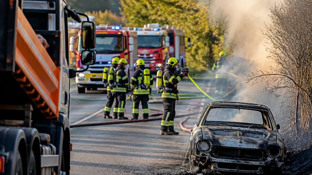 Eine Gruppe von Feuerwehrleuten in gelben und schwarzen Uniformen arbeitet daran, ein brennendes Auto am Straßenrand zu löschen. Zwei Feuerwehrwagen sind in der Nähe geparkt.
