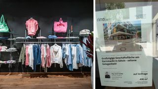 Ein Bekleidungsgeschäft zeigt eine Auswahl an Kleidung auf Kleiderbügeln und Regalen, darunter eine rosa Tasche mit dem Wort AMORE.
