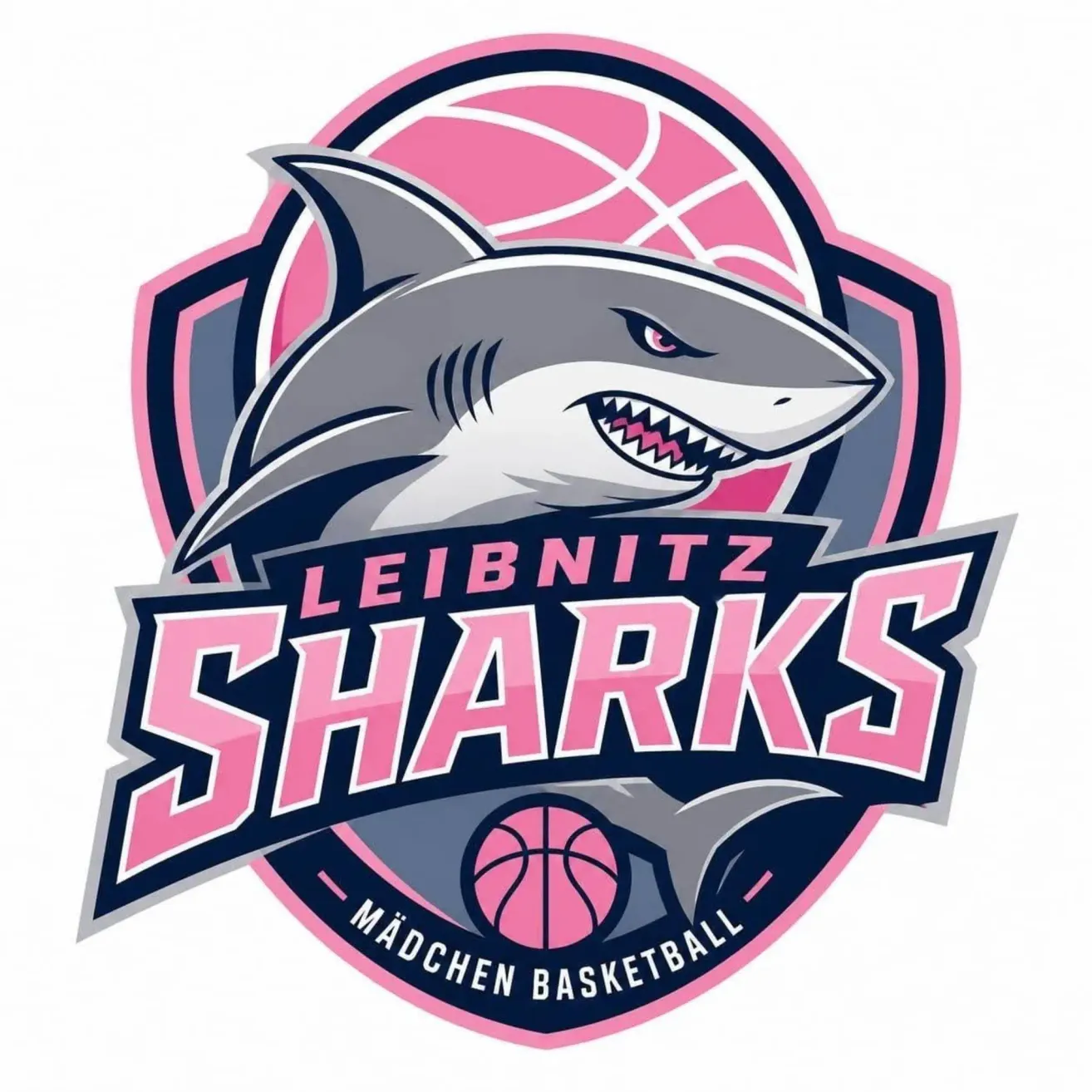 Das Logo für die Leibnitz Sharks Mädchen-Basketballmannschaft zeigt einen wilden Hai mit rosa Akzenten vor einem Basketballkorb.