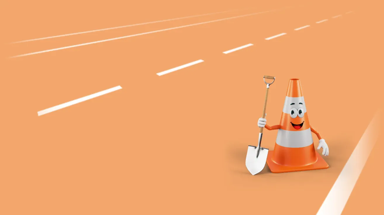 Eine Cartoon-Abbildung eines Verkehrskegels, der eine Schaufel auf einem orangefarbenen Hintergrund mit weißen Linien hält.