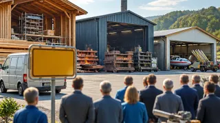 Eine Gruppe formell gekleideter Personen steht vor einem Hangar, in dem ein Flugzeug geparkt ist, umgeben von Metallstrukturen und einem Holzgebäude.