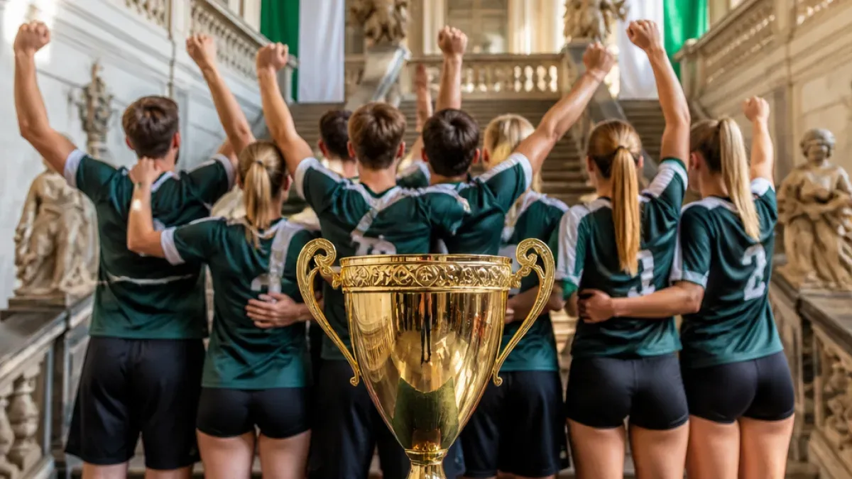 Eine Gruppe junger Athleten in grünen Uniformen, die mit erhobenen Armen und einem goldenen Pokal vor ihnen feiern.
