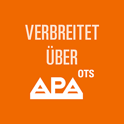 Ein oranger Hintergrund zeigt weißen Text mit der Aufschrift 'VERBREITET ÜBER OTS APA' und dem APA-Logo darunter.