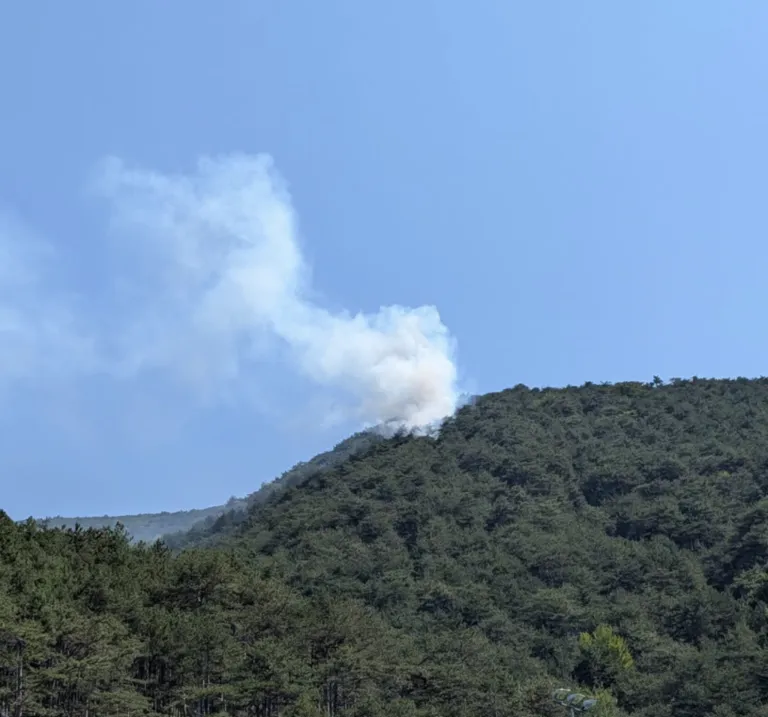 Ein Berg mit dichtem Wald stößt weißen Rauch aus, möglicherweise von einem Feuer. Der Himmel ist klar und blau.