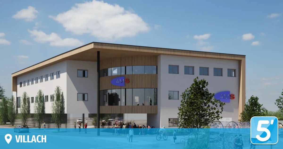 Eine architektonische Darstellung eines modernen Bürogebäudes mit dem Namen AMS auf der Vorderseite, umgeben von Menschen und Bäumen.