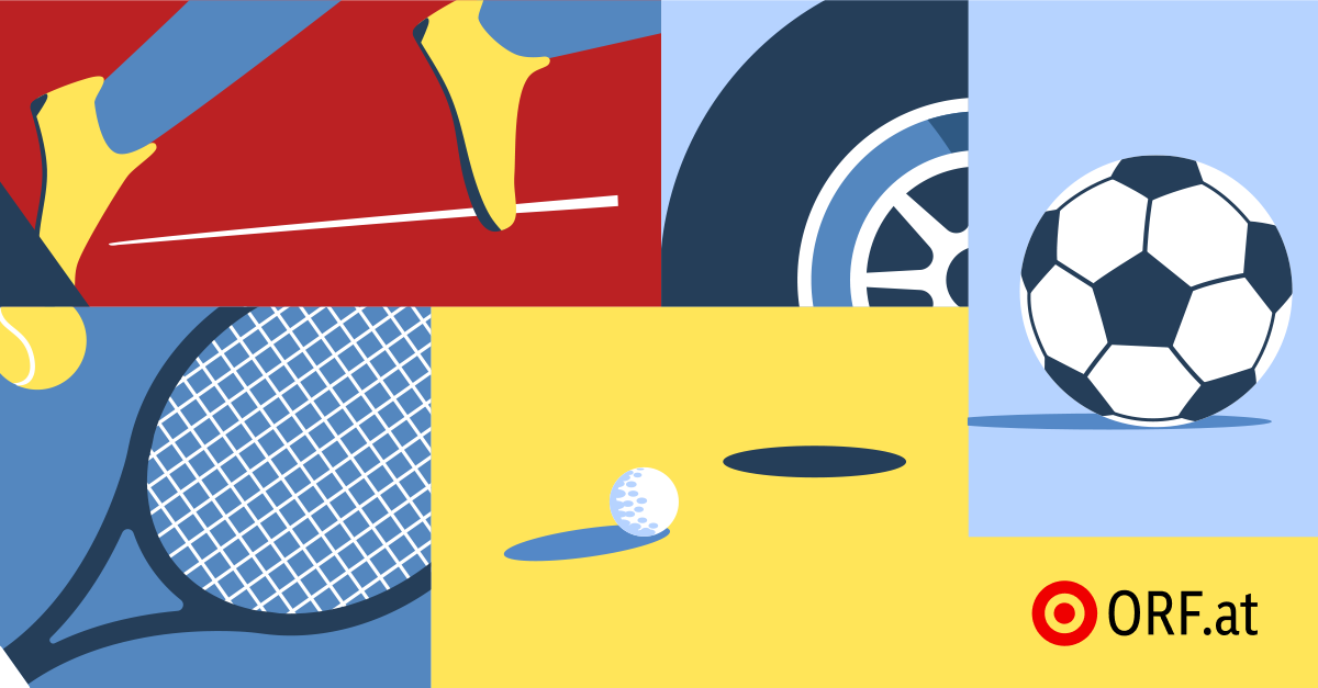 Eine Illustration eines Fußes in einer gelben Socke, der über eine Linie, ein Autorad, einen Tennisschläger und einen Golfball in einem Loch tritt.
