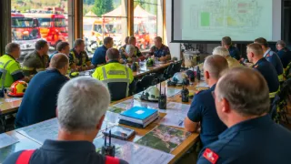 Eine Gruppe von Feuerwehrleuten versammelt sich in einem Besprechungsraum, wobei eine Projektionsleinwand im Hintergrund eine Karte anzeigt. Sie sitzen um einen Tisch herum mit verschiedenen Geräten und Dokumenten. Vor dem Fenster sind mehrere Feuerwehrfahrzeuge geparkt.