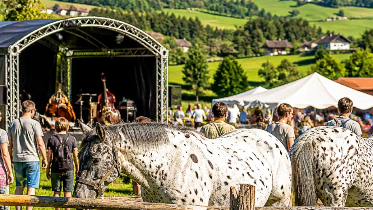 Ein Pferd mit schwarzen Flecken steht neben einer Bühne mit einem Cello und einer Menschenmenge auf einem grasigen Feld.