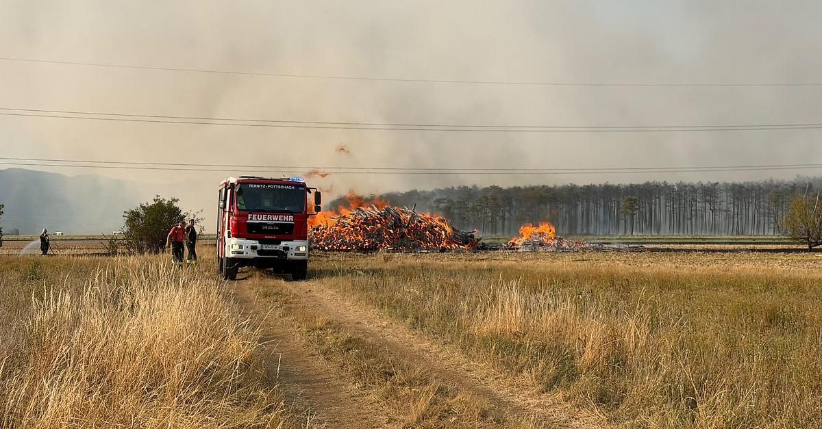 Ein Feuerwehrauto fährt auf einem Feldweg auf ein großes Feuer in einem Feld mit hohem Gras zu. Zwei Personen stehen in der Nähe des Feuers.