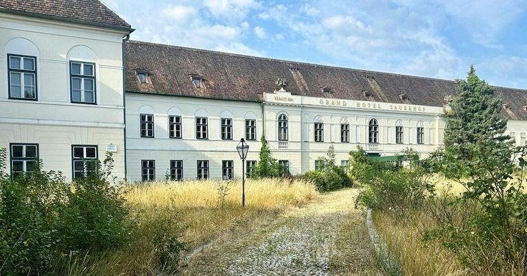 Ein großes weißes Gebäude mit einem braunen Dach und vielen Fenstern, beschriftet mit Grand Hotel Sauerhof, steht inmitten überwucherten Grases und Büschen. Ein Laternenpfahl steht vor dem Gebäude.