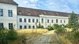 Ein großes weißes Gebäude mit einem braunen Dach und vielen Fenstern, beschriftet mit Grand Hotel Sauerhof, steht inmitten überwucherten Grases und Büschen. Ein Laternenpfahl steht vor dem Gebäude.