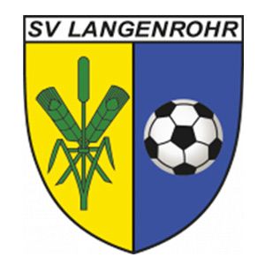 Das SV Langenrohr Logo zeigt einen Schild, der in zwei Bereiche geteilt ist, mit einem Fußball rechts und einem Weizenhalm links. Der Schild ist blau und gelb.