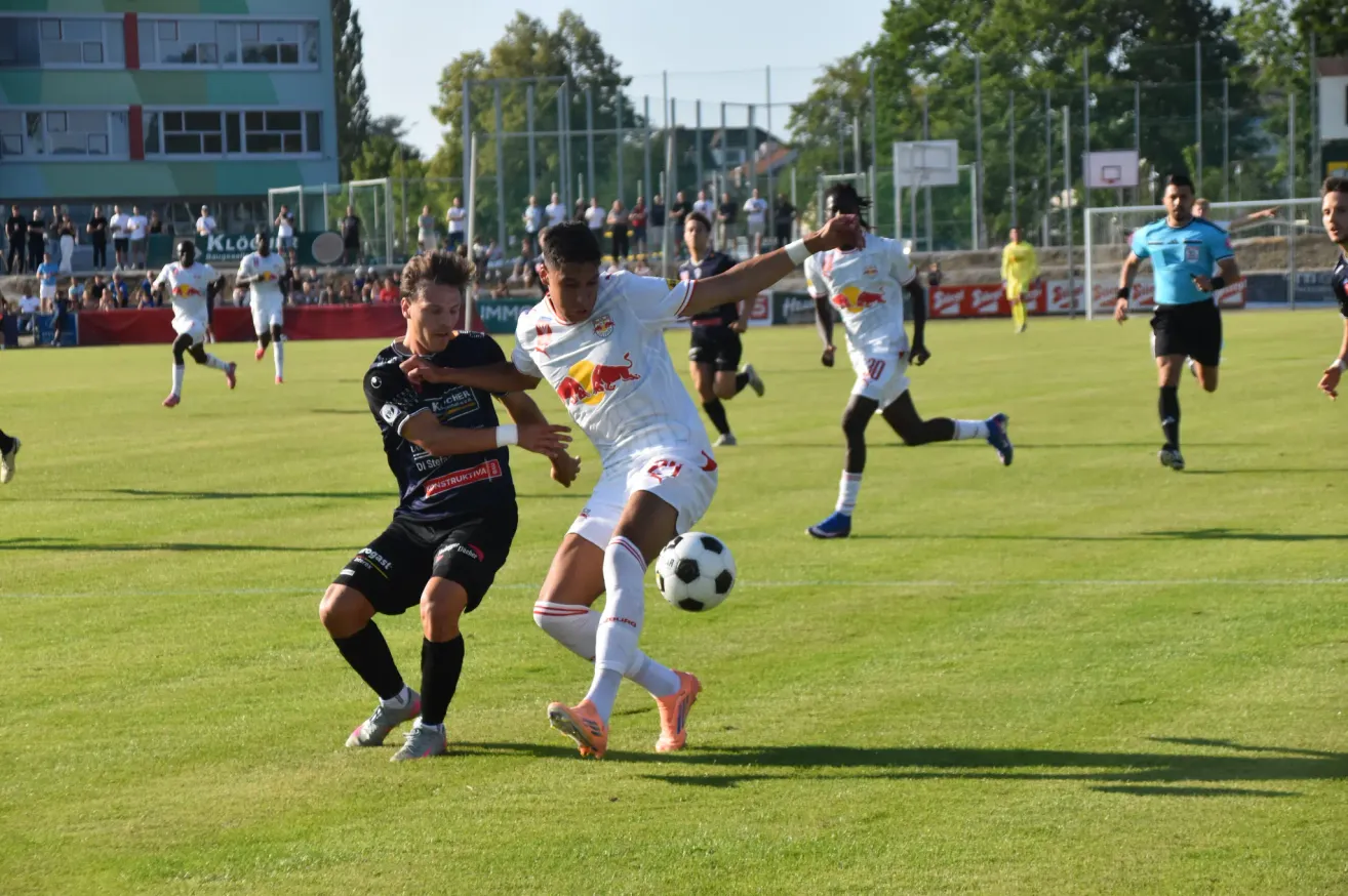 Zwei Fußballspieler kämpfen auf einem Feld um den Ball, während eine Menge im Hintergrund zusieht.