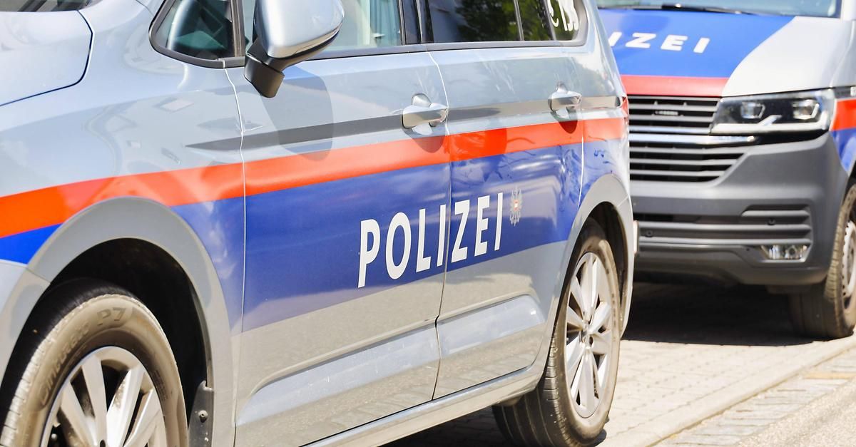 Ein Nahaufnahme eines Polizeifahrzeugs mit dem Wort 'POLIZEI' an der Seite, geparkt am Straßenrand.