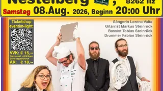 Ein Plakat für ein Live-Event der Jailhouse Gang in der Nestelberg-Brauerei. Das Event ist für den 8. August 2026 um 20:00 Uhr geplant. Die Bandmitglieder sind in verschiedenen Posen zu sehen, einer hält einen Kochhut und ein anderer eine Silberplatte.