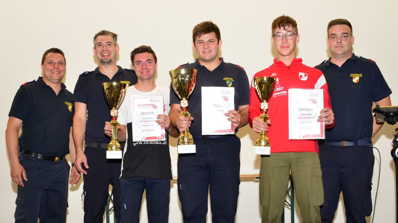 Fünf Männer stehen zusammen und halten Pokale und Urkunden. Sie lächeln und scheinen einen Sieg zu feiern. Der Mann in der Mitte hält eine Urkunde und einen Pokal. Der Mann auf der rechten Seite trägt ein rotes Shirt und eine Brille.