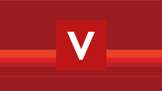 Ein rotes Quadrat mit einem weißen Buchstaben V in der Mitte auf rotem Hintergrund mit horizontalen roten und orangefarbenen Streifen.